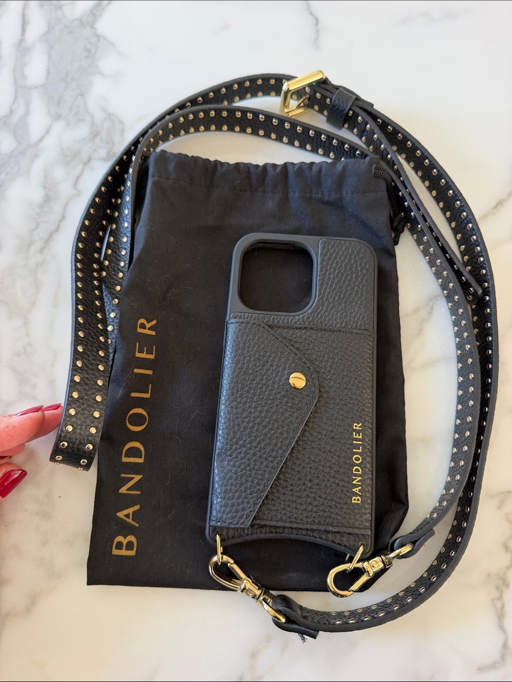 Beautiful Like New Bandolier Black Leather Crossbody Phone Case w/Gold hardware